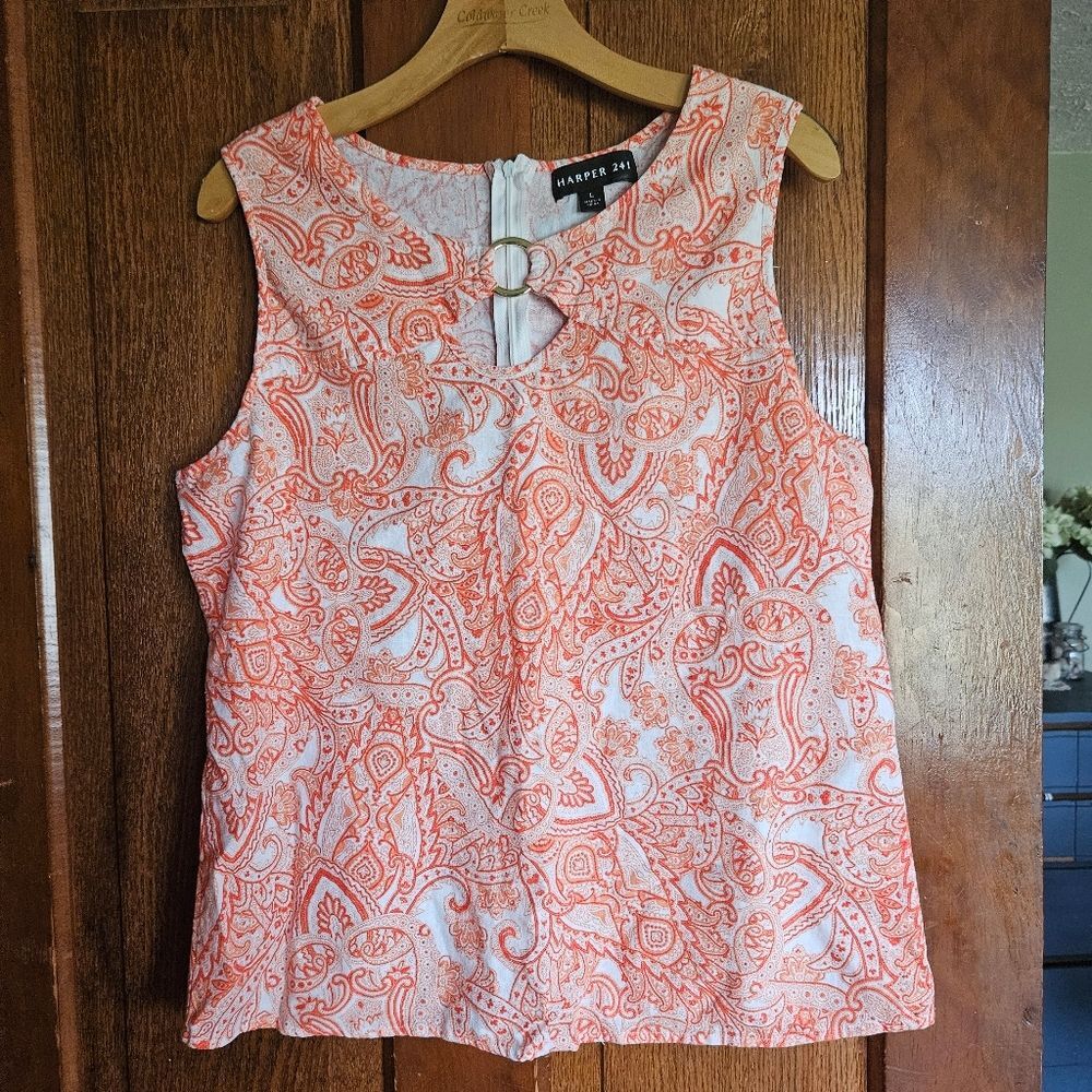 Harper 241 Orange Linen Tunic L Coastal Grandma Boho Summer Beach Top